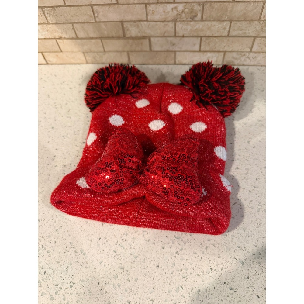 Disney Minnie Mouse 2025 Knit Beanie Red Sequin Bow Pom Pom Ears